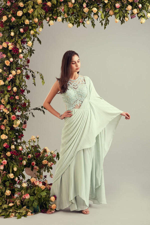 Aqua Blue Drape Saree